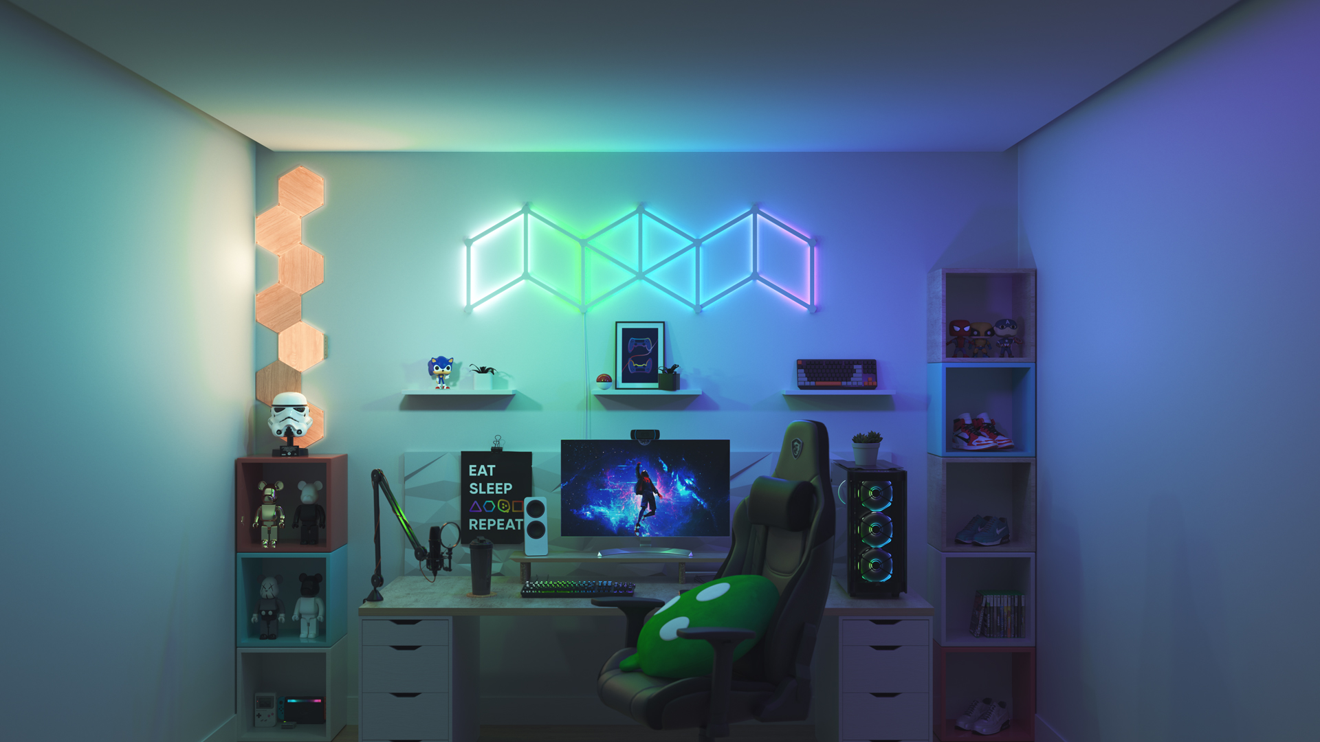 Collector style gaming setup with Nanoleaf Shapes Hexagon smart home light panels above the PC monitor. The perfect gaming lights for gamers.