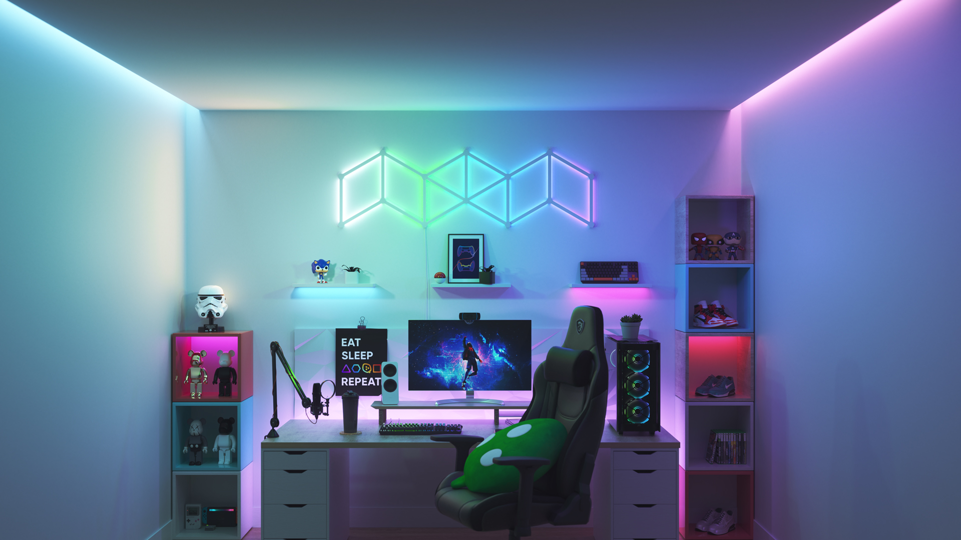 Collector style gaming setup with Nanoleaf Shapes Hexagon smart home light panels above the PC monitor. The perfect gaming lights for gamers.