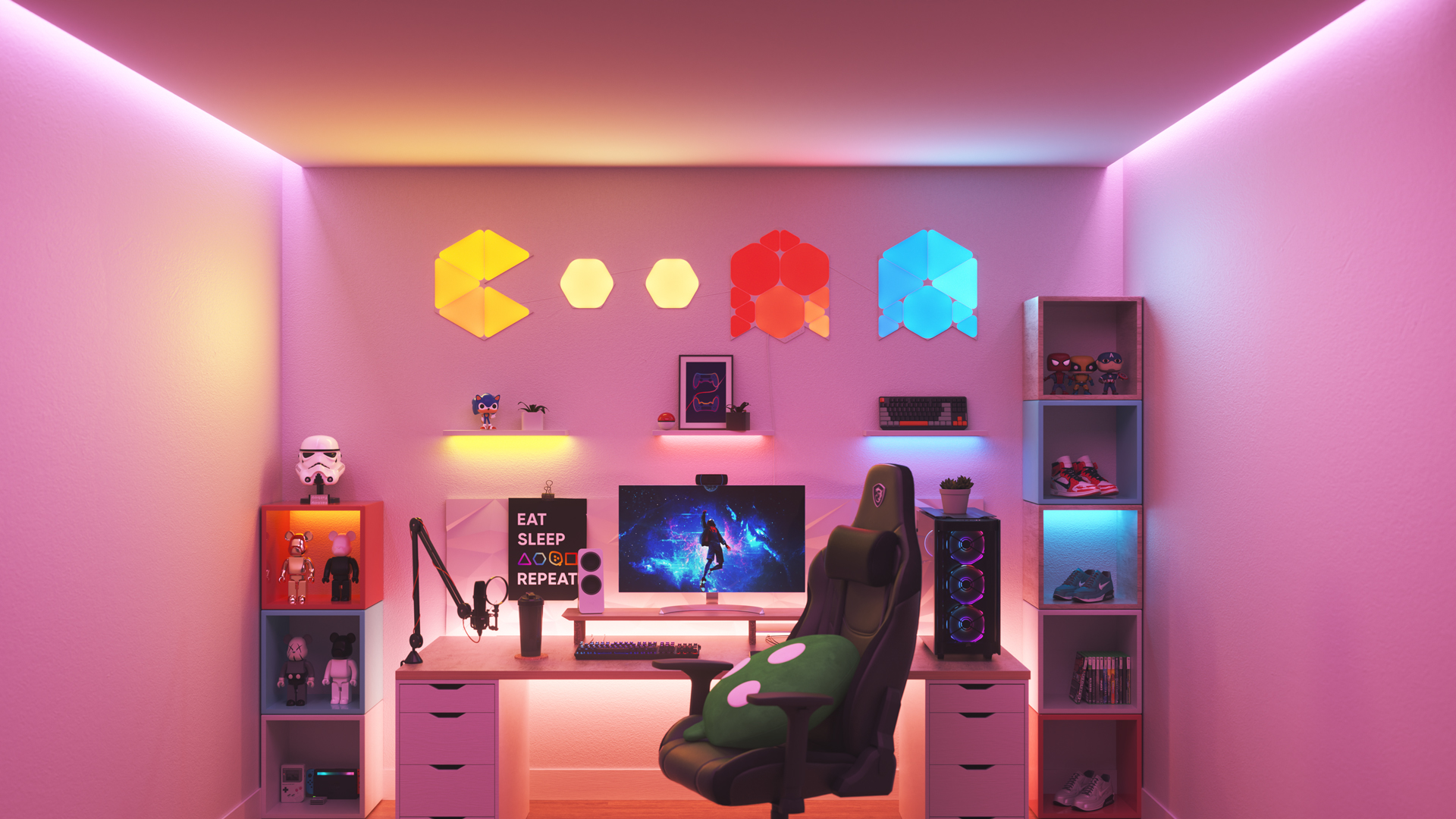 Collector style gaming setup with Nanoleaf Shapes smart home light panels above the monitor. The perfect gaming lights for PC games.