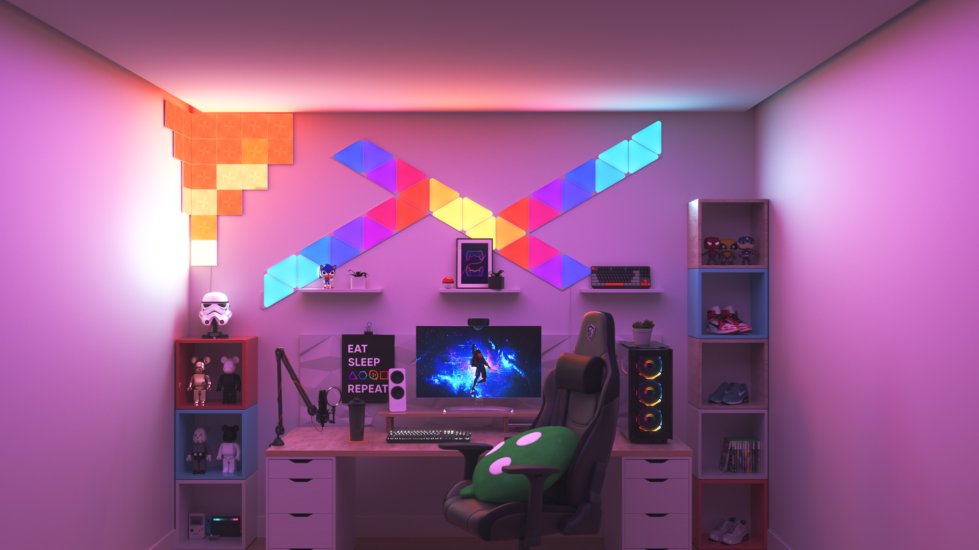 Collector style gaming setup with Nanoleaf Shapes Triangle smart home light panels above the PC monitor. The perfect gaming lights for gamers.