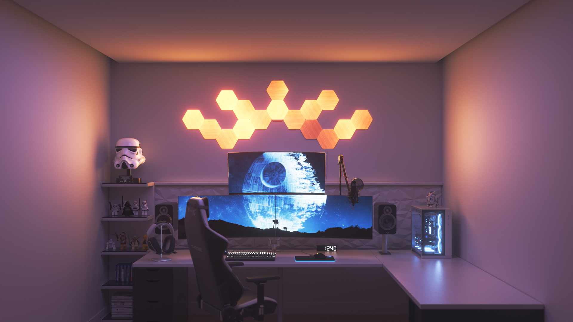 Futuristic style gaming setup with Nanoleaf Elements Wood Look smart home LED light panels above the PC monitor. The best smart lights for your smart home.