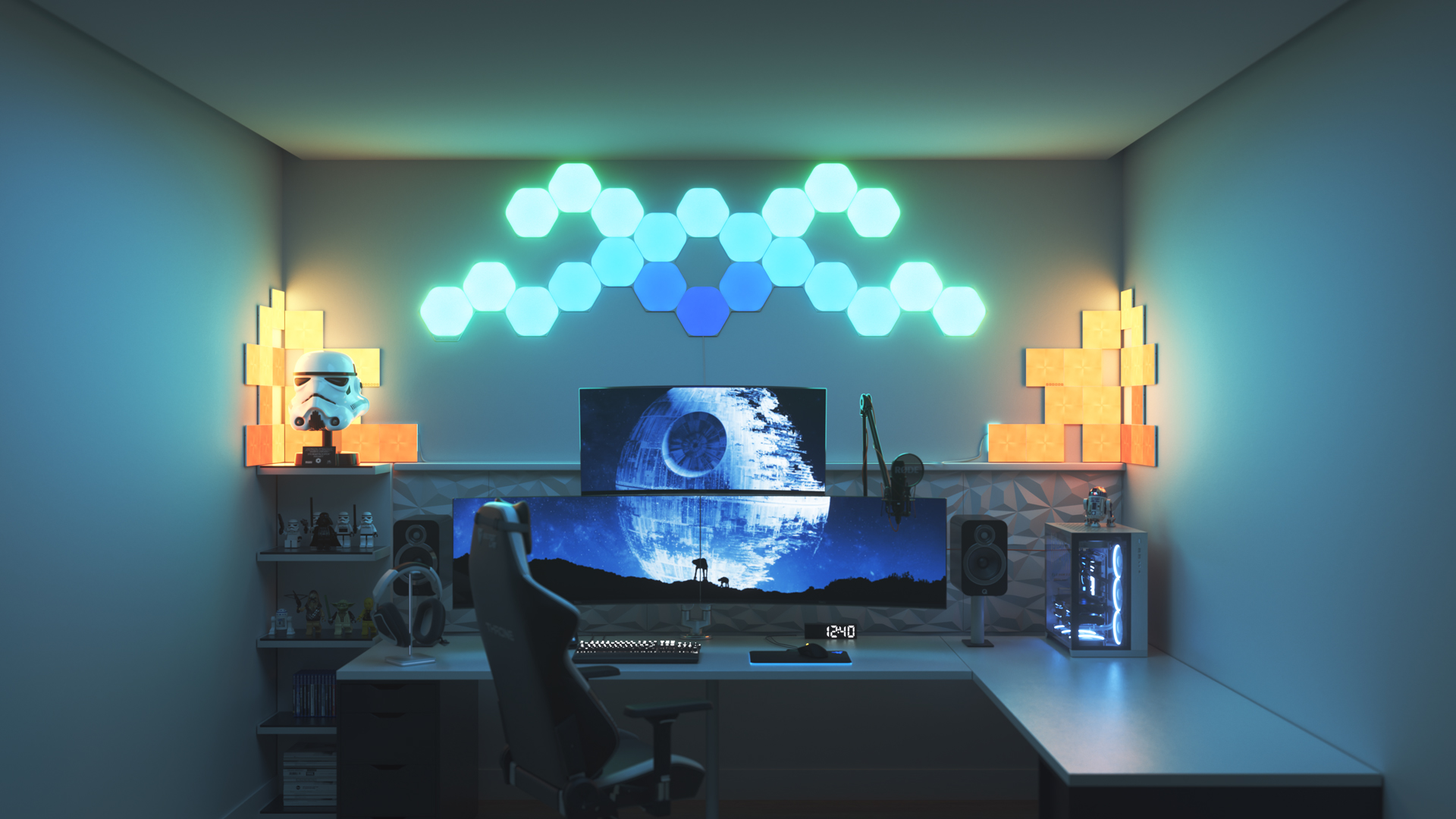 Futuristic style gaming setup with Nanoleaf Shapes Hexagon smart home LED light panels above the PC monitor. The best color lights for gamers.