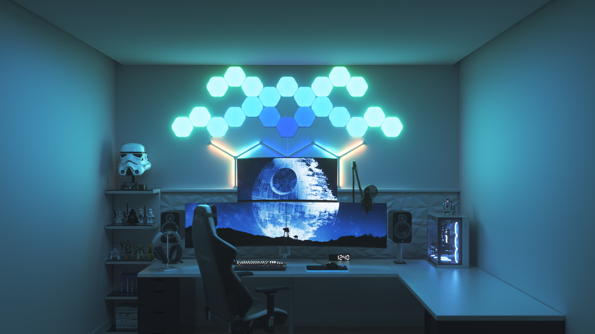Futuristic style gaming setup with Nanoleaf Shapes Hexagon smart home LED light panels above the PC monitor. The best color lights for gamers.