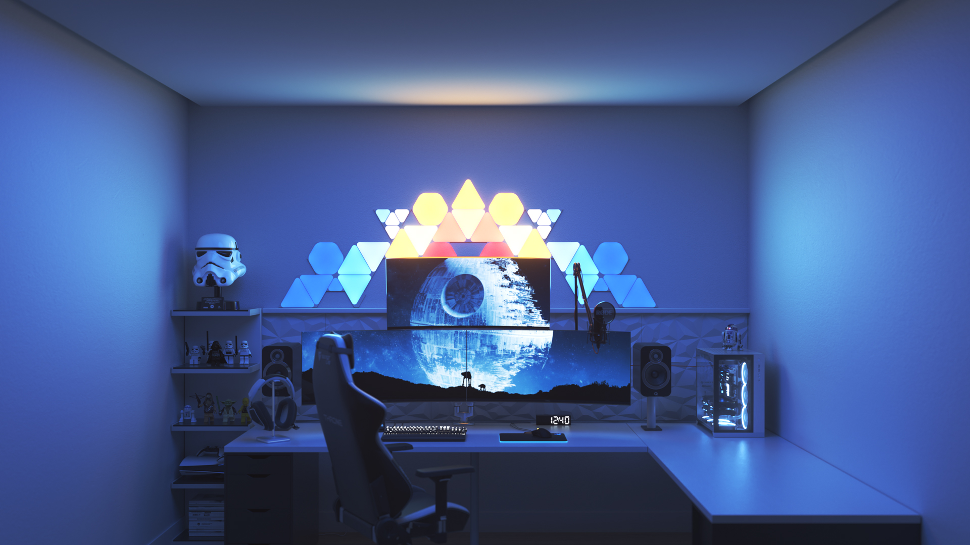 Futuristic style gaming setup with Nanoleaf Shapes smart home LED light panels above the monitor. The best color lights when playing PC games.
