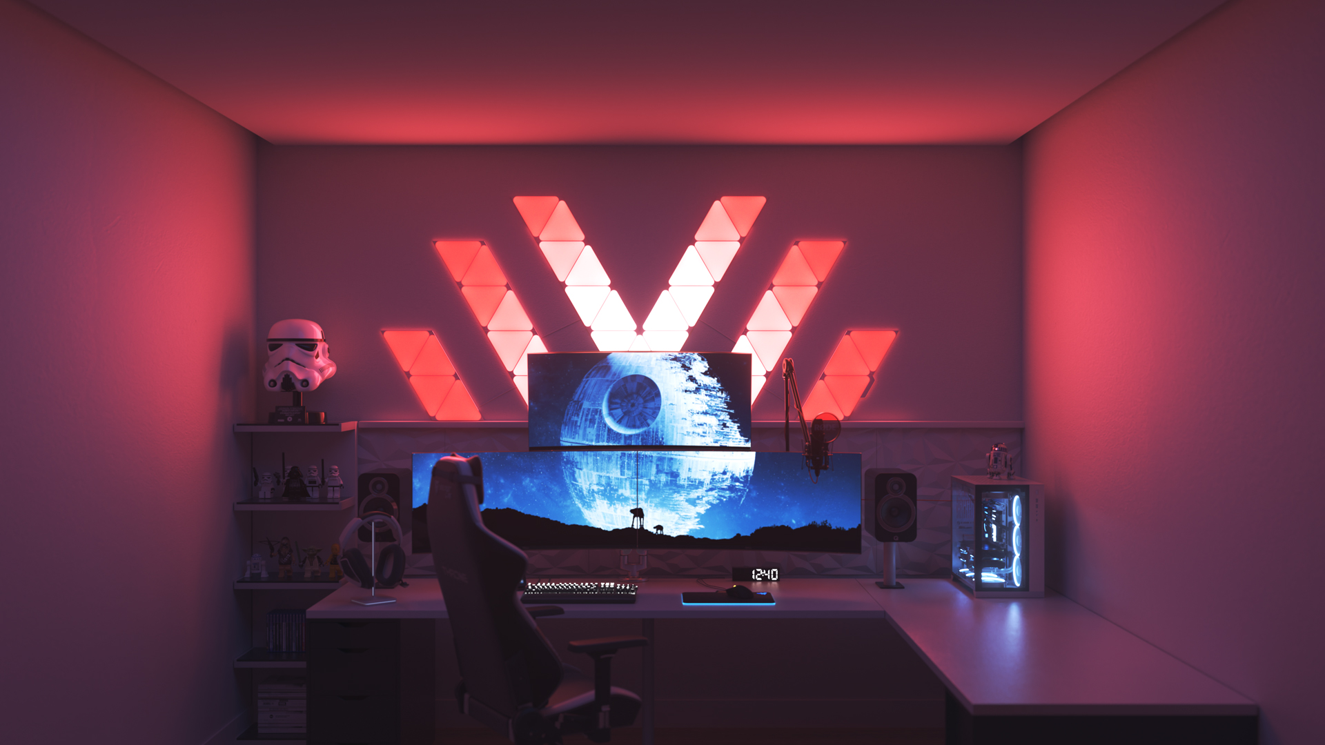 Futuristic style gaming setup with Nanoleaf Shapes Triangle smart home LED light panels above the PC monitor. The best color lights for gamers.