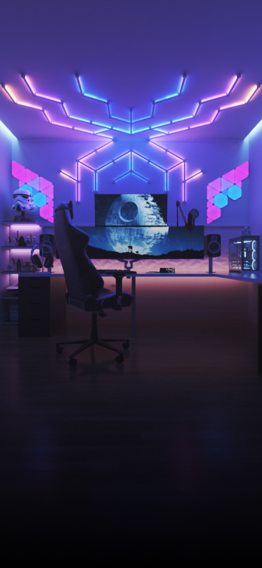 Espacios de juego futuristas con iluminación de luces RGB inteligentes para situar sobre la PC, para hogares inteligentes Nanoleaf. Las luces gamer que todo gamer debe tener.