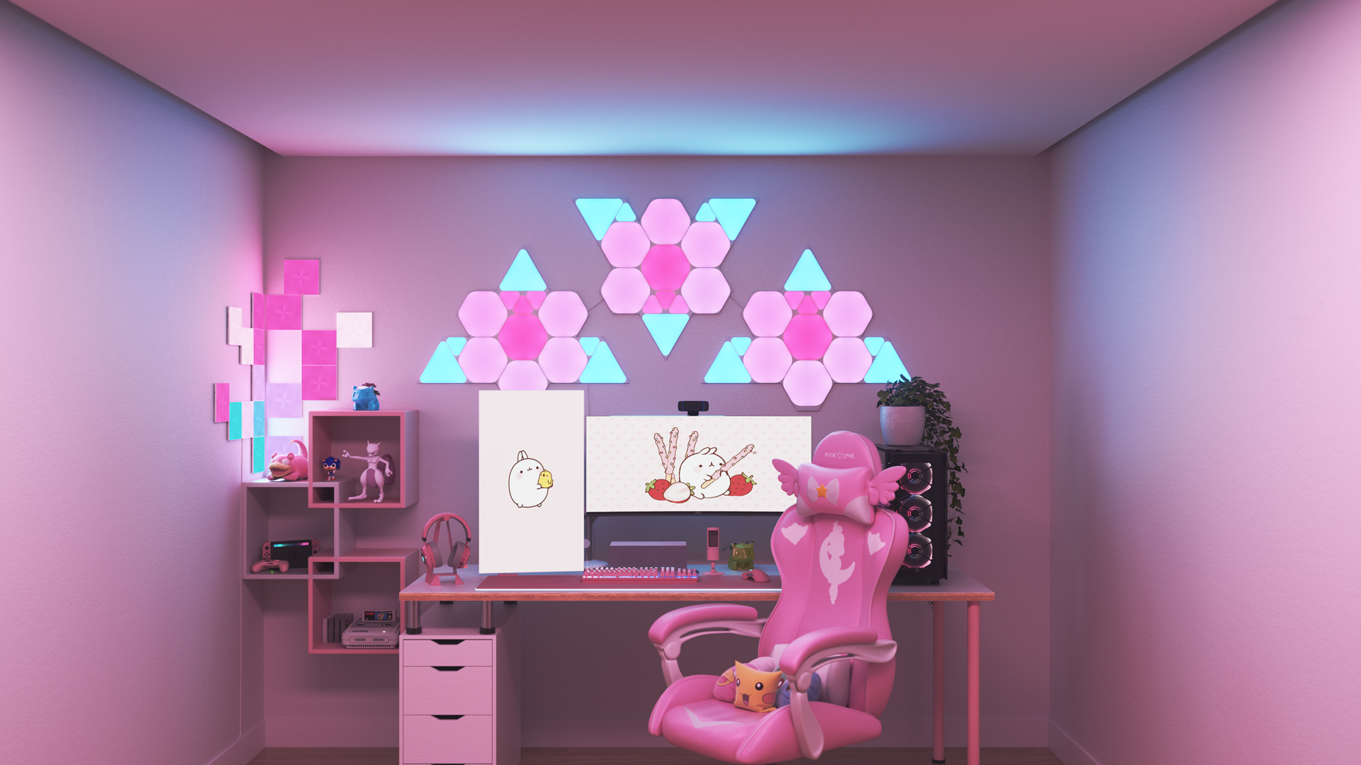 Kawaii style gaming setup with Nanoleaf Shapes smart home RGB light panels above the monitor. The perfect smart lights to complete the gamer aesthetic.