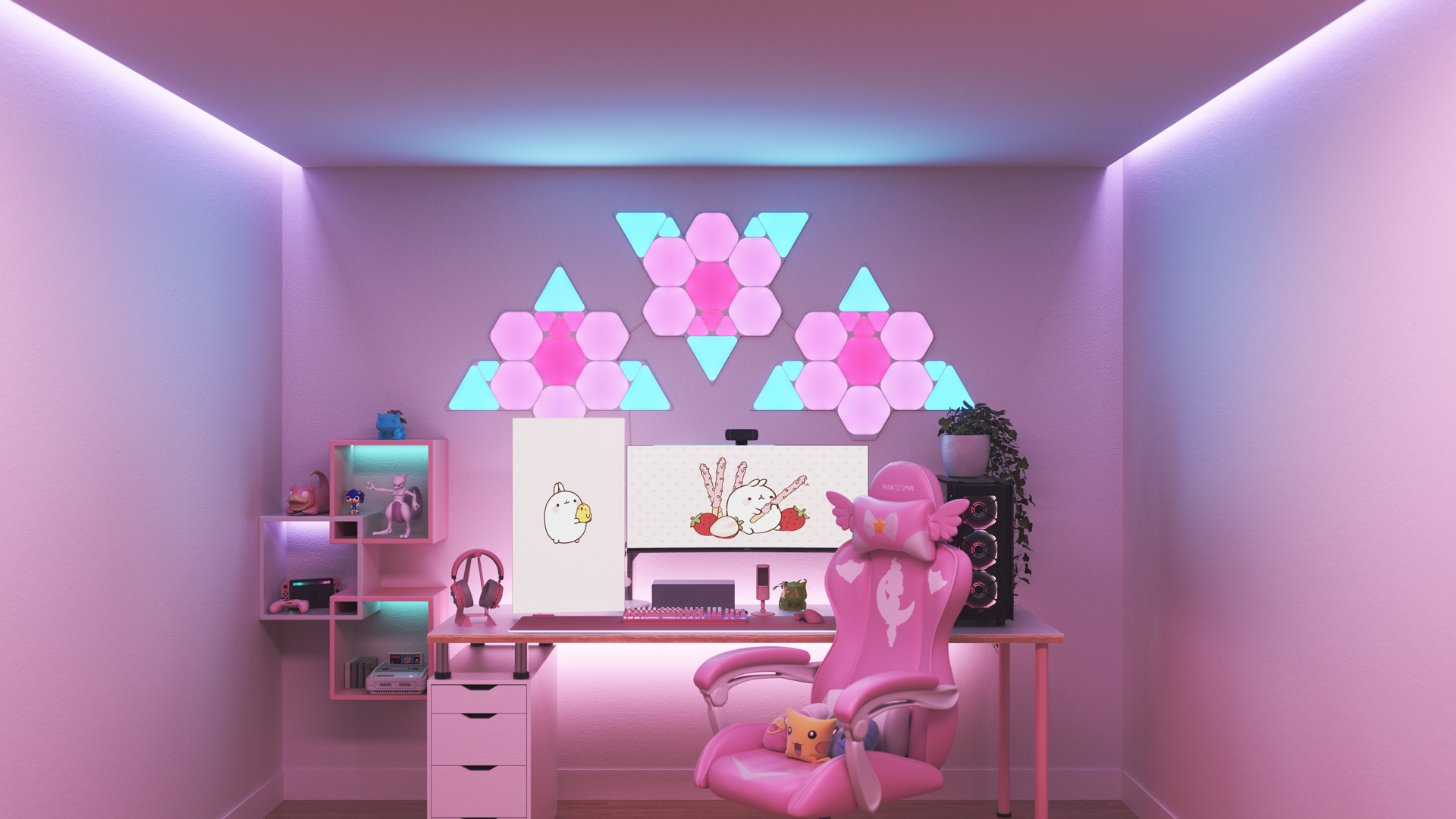 Kawaii style gaming setup with Nanoleaf Shapes smart home RGB light panels above the monitor. The perfect smart lights to complete the gamer aesthetic.