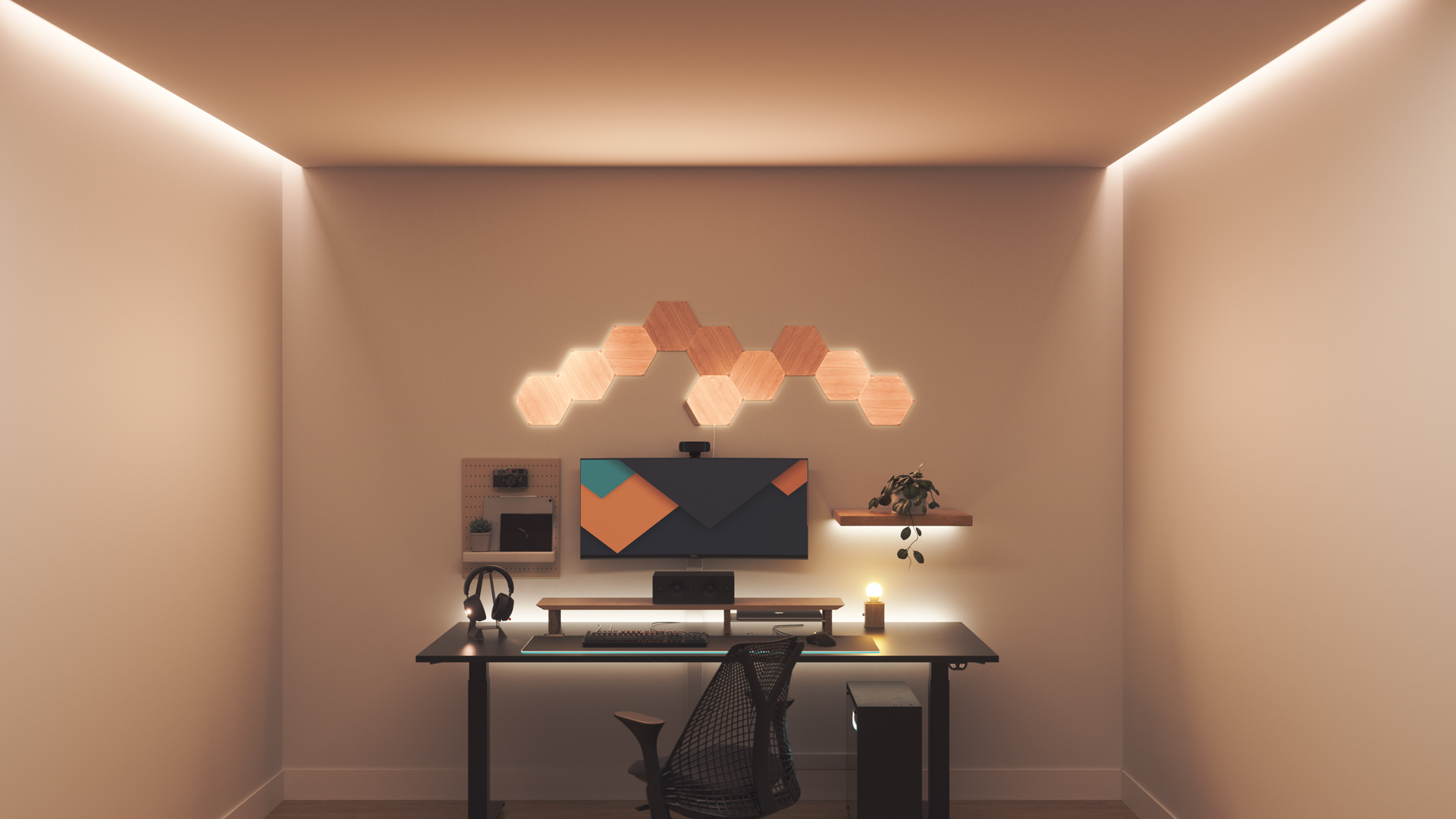 Minimalistic style gaming setup with Nanoleaf Elements Wood Look smart home light panels above the PC monitor. The perfect smart lights for your smart home.