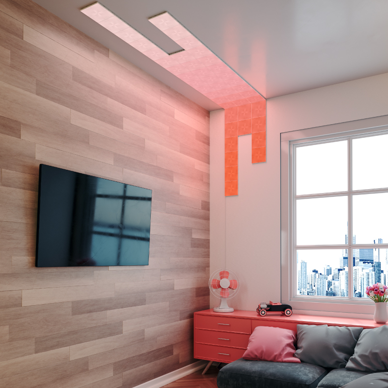 Paneles de luz modulares e inteligentes en forma de cuadrado que cambian de color de Nanoleaf Canvas montados en una pared y en el techo con un kit de montaje con tornillos. Similar a Philips Hue o Lifx. HomeKit, Google Assistant, Amazon Alexa, IFTTT.