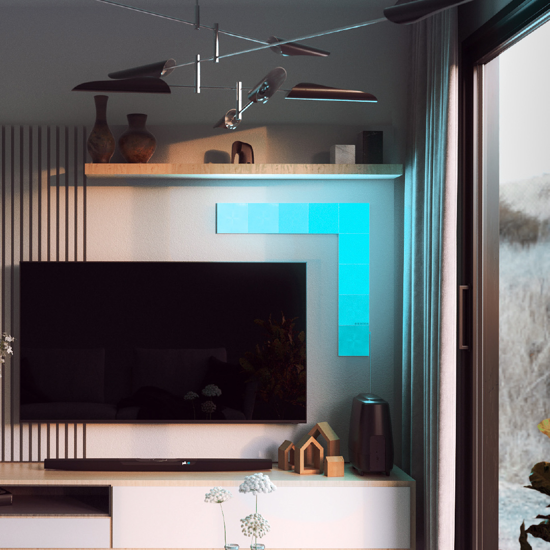 Painéis de luz Nanoleaf Canvas modulares quadrados com mudança de cor, montados na parede de uma sala de estar. Semelhante ao Philips Hue, Lifx. HomeKit, Google Assistant, Amazon Alexa, IFTTT. 