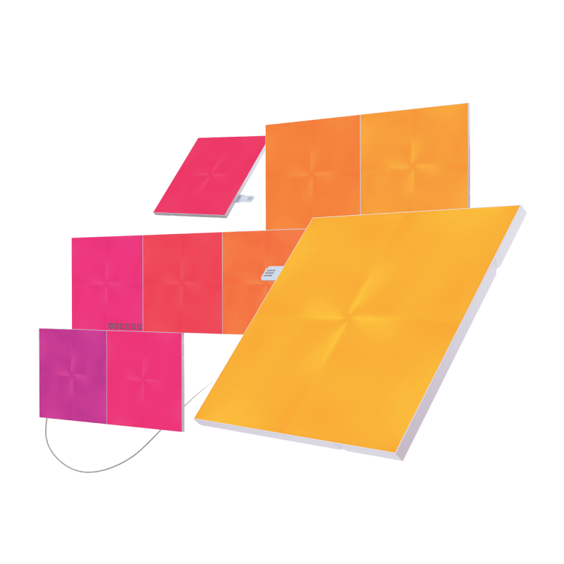 Painéis de luz Nanoleaf Canvas modulares quadrados com mudança de cor. Pacote com 9. Possui pacotes de expansão e acessórios de conector flexível. Semelhante ao Philips Hue, Lifx. HomeKit, Google Assistant, Amazon Alexa, IFTTT. 