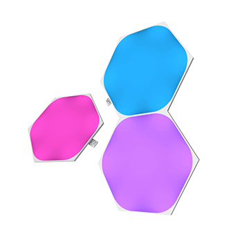 Paneles de luz inteligentes con forma de hexágono que cambian de color habilitados para Thread de Nanoleaf Shapes. Similar a Philips Hue o Lifx. Apple Home, Google Home, Amazon Alexa, IFTTT.