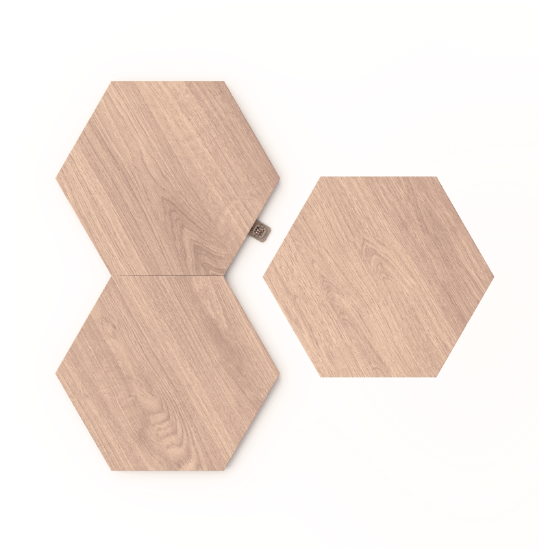 Painéis de luz inteligente Nanoleaf Elements modulares hexagonais com aparência de madeira, ativados por Thread. Expansão de pacote com 3. HomeKit, Google Assistant, Amazon Alexa, IFTTT. 