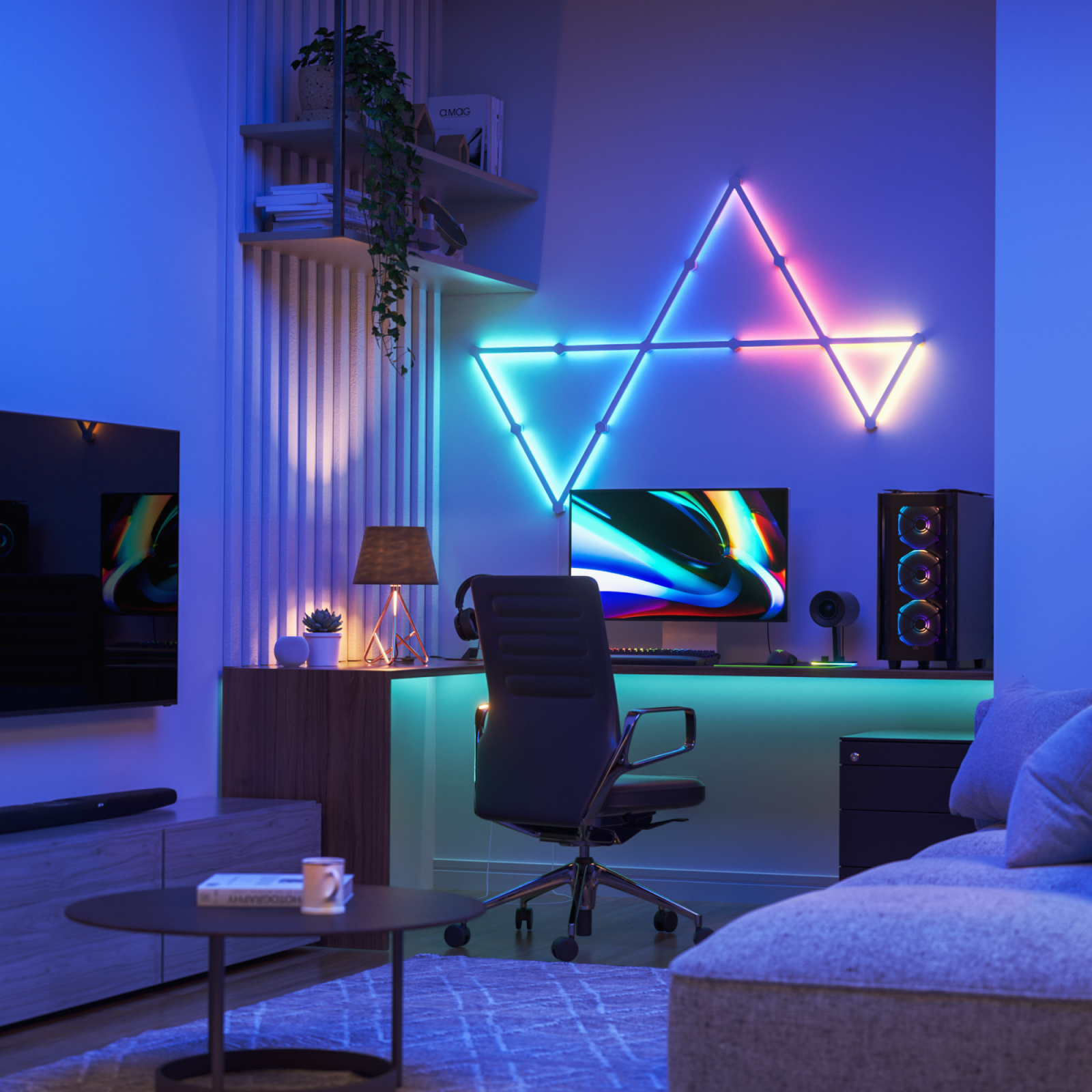 Nanoleaf Lines Thread enabled color changing smart modular backlit light lines. 9 pack. Has expansion pack, flex connector, and skins accessories. HomeKit, Google Assistant, Amazon Alexa, IFTTT.