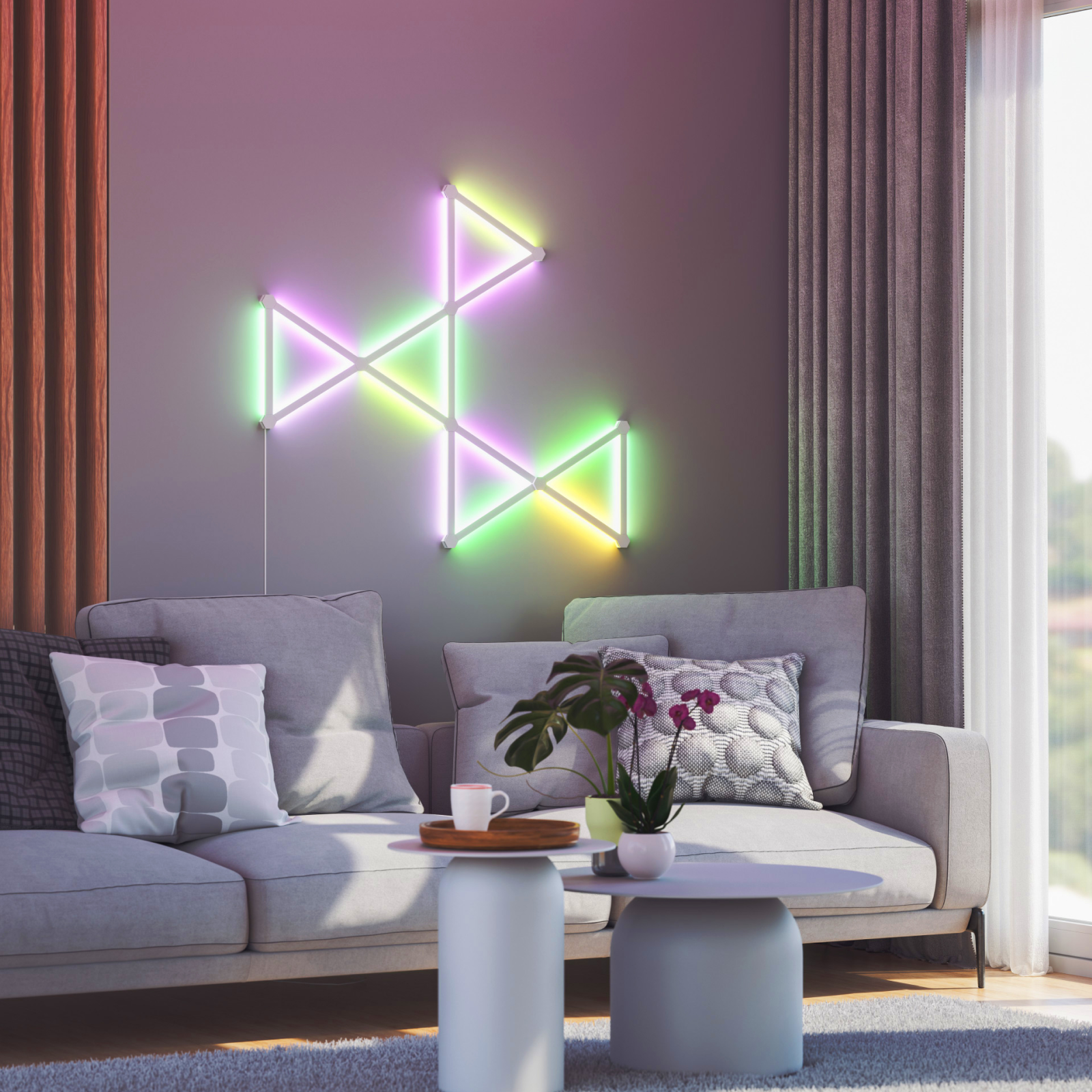 Nanoleaf Lines Thread enabled color changing smart modular backlit light lines mounted to a wall in a home office. Nanoleaf App. HomeKit, Google Assistant, Amazon Alexa, IFTTT.