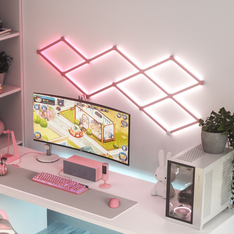 Nanoleaf Pink Lines Thread enabled color changing smart modular backlit light lines. 18 pack. Has expansion pack, flex connector, and skins accessories. HomeKit, Google Assistant, Amazon Alexa, IFTTT.