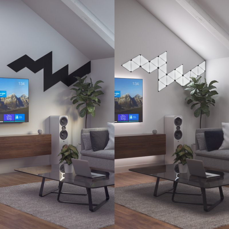 Paneles de luz modulares inteligentes y triangulares en color negro que cambian de color de Nanoleaf Shapes habilitados para Thread, montados en la pared de una sala de estar. Similar a Philips Hue o Lifx. HomeKit, Google Assistant, Amazon Alexa, IFTTT.