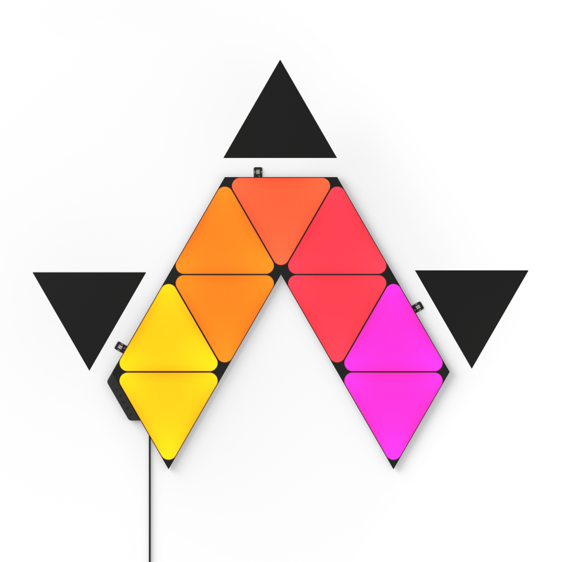 Painéis de luz modulares inteligentes em forma de triângulo preto com mudança de cor habilitada para Nanoleaf Shapes Thread. Expansão de pacote com 3. Semelhante ao Philips Hue, Lifx. HomeKit, Google Assistant, Amazon Alexa, IFTTT.
