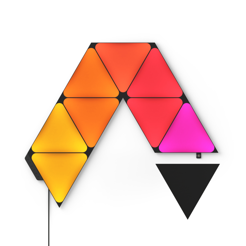 Nanoleaf Shapes Thread enabled color changing black triangle smart modular light panels. 9 pack. Has expansion packs and flex linker accessories. Similar to Philips Hue, Lifx. HomeKit, Google Assistant, Amazon Alexa, IFTTT.