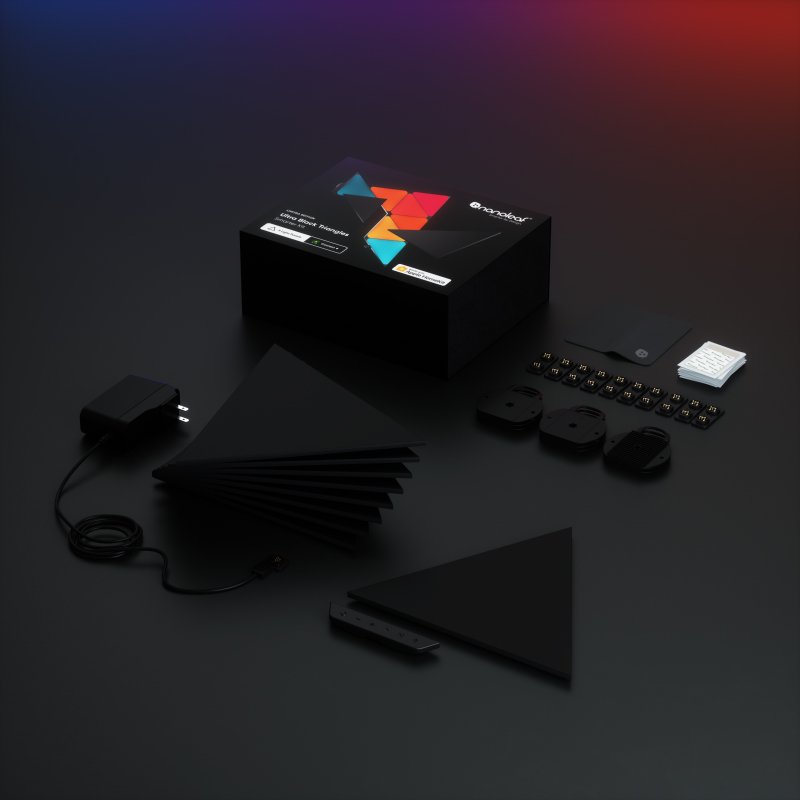 Nanoleaf Shapes Thread enabled color changing black triangle smart modular light panels. 9 pack. Has expansion packs and flex linker accessories. Similar to Philips Hue, Lifx. HomeKit, Google Assistant, Amazon Alexa, IFTTT.