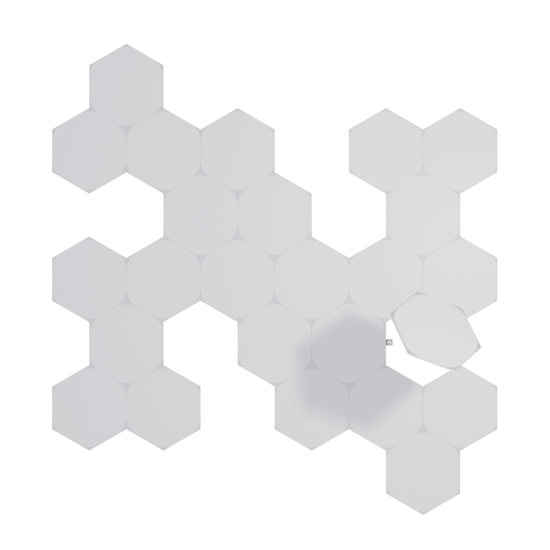 Painéis de luz inteligente Nanoleaf Shapes modulares hexagonais com mudança de cor e ativados por Thread. Expansão de pacote com 25. Semelhante ao Philips Hue, Lifx. HomeKit, Google Assistant, Amazon Alexa, IFTTT. 
