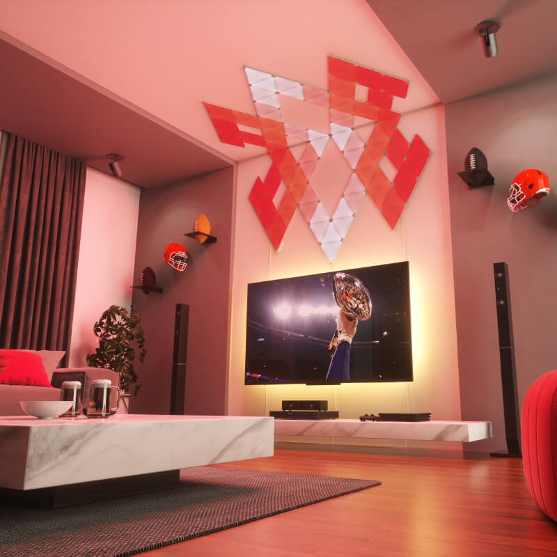 Painéis de luz inteligente Nanoleaf Shapes modulares triangulares com mudança de cor e ativados por Thread, montados na parede de uma sala de estar. Semelhante ao Philips Hue, Lifx. HomeKit, Google Assistant, Amazon Alexa, IFTTT.